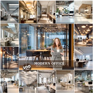 May include: A collage of images showcasing modern office spaces. The images feature various office layouts with desks, chairs, and glass walls. The color palette includes neutral tones with bright lighting. The text "MODERN OFFICE" is displayed with additional details.