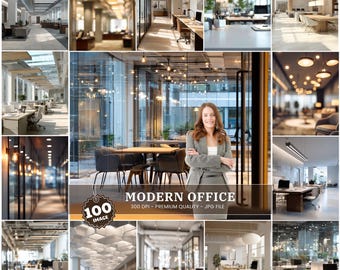 May include: A collage of images showcasing modern office spaces. The images feature various office layouts with desks, chairs, and glass walls. The color palette includes neutral tones with bright lighting. The text "MODERN OFFICE" is displayed with additional details.