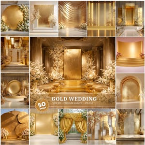 May include: A collection of gold wedding backdrops and stage designs. The images feature various styles, including curved walls, arches, and floral arrangements. The text "GOLD WEDDING" is displayed with details about the image quality.