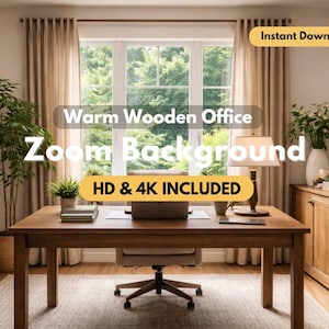 Warm Wooden Home Office Zoom Background, Professional Virtual Office, HD 4K