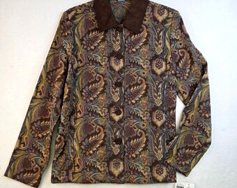May include: A brown paisley-patterned jacket with a dark brown collar and button closure. The jacket features a detailed floral design in shades of brown, green, and blue. The long-sleeved jacket is hanging on a black hanger.