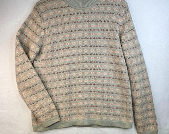 Vintage 90s M Angora Blend Sweater Green Pink Geometric Retro Deadstock Cottage