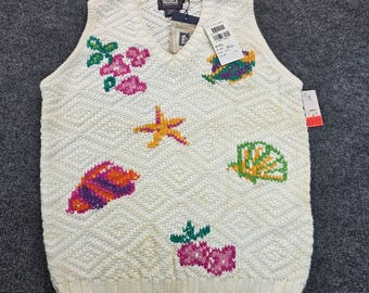 Vintage Woolrich Marine Theme Embroidery Vest Sweater M White Cottagecore Layers