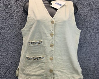 Vintage BellePointe Linen Two Pocket Vest S Cream Coastal Embellished Old Money