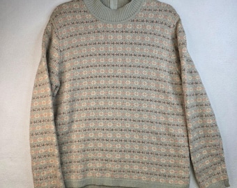 Vintage 90s L Angora Blend Sweater Green Pink Geometric Retro Deadstock Cottage