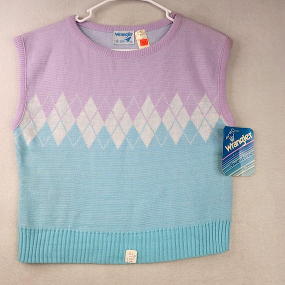 Vintage 80s Wrangler Argyle Sweater Vest XL Purple Blue USA Preppy Twee Retro