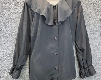 Vintage I.C. Isaacs Ruffle Button-up Blouse 14 Black Romantic Goth 90s Academia