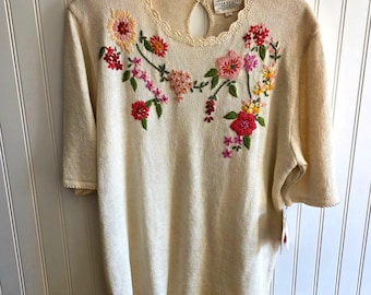 Vintage 90s Cottagecore Prairie Sweater L Floral Hand Embroidery Country Granny