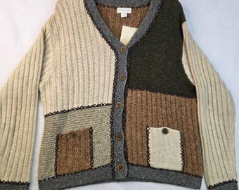 Vintage 90s Northern Isles Patchwork Cardigan M Brown Grey Color Block Oversized