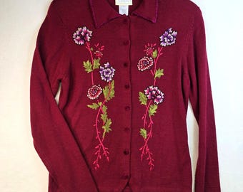 Vintage 90s Susan Bristol Cottagecore Wool Cardigan S Maroon Embroidered Prairie