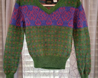 Vintage 80s Levi’s M Geometric Knit Sweater Green Pink Retro Ski Grandpacore