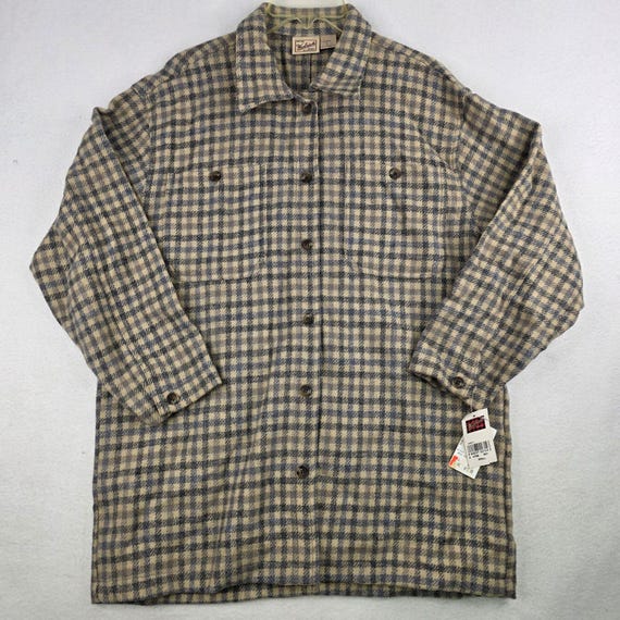 Vintage Woolrich Checkered Wool Shirt Jacket L Tan Casual Oversized Outdoor Camp