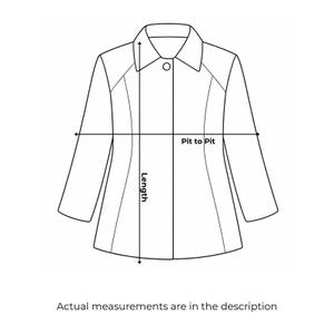 May include: Line drawing of a jacket with measurements labeled "Pit to Pit" and "Length." The text "Actual measurements are in the description" is below the jacket.