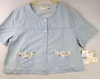 Vintage 90s Susan Bristol Embellished Denim Shirt XL Blue Casual Americana Boxy