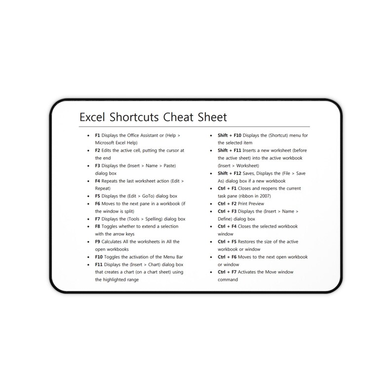 Excel Shortcuts Cheat Sheet Desk Mat | Keyboard Shortcut Reference ...