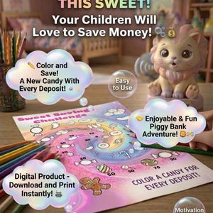 Peut inclure: Une feuille imprimable numérique Sweet Saving Challenge avec un chemin en spirale d'illustrations de bonbons et des valeurs numériques, accompagnée de crayons de couleur et d'une figurine de lion. Le texte indique : SAVING HAS NEVER BEEN THIS SWEET! Your Children Will Love to Save Money! Color and Save! A New Candy With Every Deposit! Easy to Use, Enjoyable & Fun Piggy Bank Adventure! Digital Product - Download and Print Instantly! COLOR A CANDY FOR EVERY DEPOSIT! Motivation Source, Start Now! Visit Our Shop! (Link in Profile!)