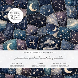 Op de afbeelding: Een digitaal patchwork quilt ontwerp met een hemels thema, met vissen, halve manen en sterrenbeelden in tinten blauw, marine en wit. Het ontwerp bevat de tekst "Midnight Pisces Patchwork Quilt" en "pisces patchwork quilt".