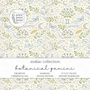 Botanical Gemini Seamless Pattern 300 DPI PNG Witchy Celestial Pagan Wiccan Zodiac Astrology Horoscope Art Digital Paper Surface Design POD
