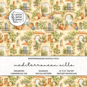 Puede incluir: Patrón digital de acuarela repetido de villas costeras mediterráneas. El diseño presenta puertas arqueadas, balcones, macetas de terracota y vegetación. El texto "Mediterranean Coastal Villa" es visible. El patrón es de 30,48 x 30,48 cm.