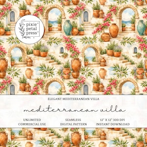 Könnte beinhalten: Aquarell-Digitalmuster mit einer eleganten mediterranen Villa. Das Design umfasst gewölbte Türen, Treppen, Terrakottatöpfe und leuchtend rosa Blumen. Der Text lautet "Elegant Mediterranean Villa" und "mediterranean villa".