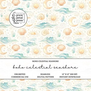 Patrón sin costuras Boho Celestial Seashore 300 DPI PNG Papel digital costero de brujas Playa océano Casa de cristal Concha Diseño de tela Archivo POD