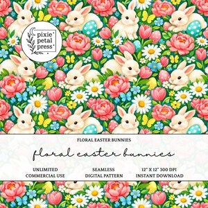 Może przedstawiać: Bezszwowy wzór cyfrowy z białymi króliczkami, różowymi piwoniami, stokrotkami, niebieskimi motylami i pisankami. Napis "floral easter bunnies" jest napisany kursywą. Wzór ma wymiary 30.48 cm x 30.48 cm.