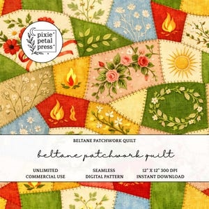 May include: A digital patchwork quilt design with floral and nature-themed motifs. The quilt is made up of colourful patches, including flowers, flames, and suns. The text "BELTANE PATCHWORK QUILT" and "beltane patchwork quilt" are visible.