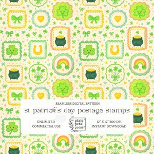 May include: A seamless digital pattern featuring St. Patrick's Day postage stamps. The design includes shamrocks, pots of gold, rainbows, and bows in green, yellow, and blue on a cream background. The text "st patrick's day postage stamps" is visible.