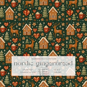 May include: Seamless digital pattern featuring gingerbread houses, reindeer, hearts, stars, and mugs of hot chocolate on a dark green background. The text "nordic gingerbread" is displayed in a white rectangle. The pattern is 12 x 12 inches.