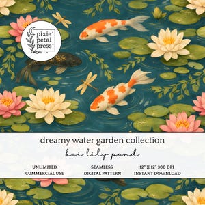May include: A digital pattern featuring orange and white koi fish, a black koi fish, yellow dragonflies, and pink and white water lilies on a dark teal water background. Text includes pixie petal press, dreamy water garden collection, koi lily pond.