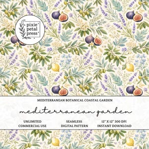 Mediterrane Villa Garten Musterdesign 300 DPI PNG Italienische Amalfi Küste griechische Olive Feige Kräuter Digitales Papier Surface Design File POD