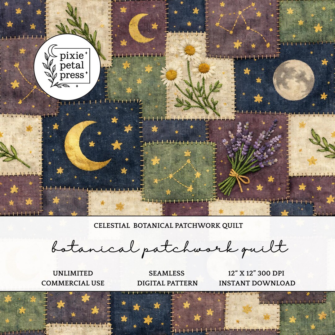 Botanical Patchwork Quilt Seamless Pattern 300 DPI PNG Celestial Night ...
