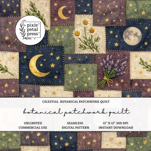 Botanical Patchwork Quilt Seamless Pattern 300 DPI PNG Celestial Night Garden Moody Evening Dusk Floral Art Digital Paper Fabric Design POD