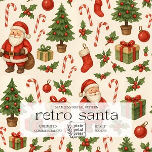 May include: A seamless digital pattern featuring a repeating design of Santa Claus, Christmas trees, candy canes, holly, ornaments, gift boxes, and stockings. The text "retro santa" is included in the design. The pattern is on a cream-colored background.