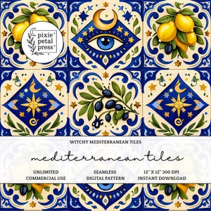 Könnte beinhalten: Digitales nahtloses Muster mit mediterranen Fliesen mit Zitronen, Oliven und Himmelsmotiven in Blau, Gelb und Weiß. Der Text "Witchy Mediterranean Tiles" und "mediterranean tiles" ist sichtbar. Das Muster ist 30,48 cm x 30,48 cm groß und steht zum sofortigen Download bereit.