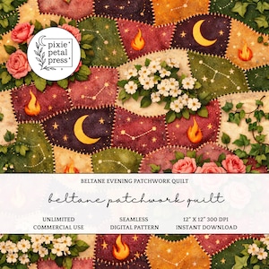 May include: A digital patchwork quilt design featuring a mix of colors, including burgundy, green, and gold. The design includes floral and celestial elements, such as moons, stars, and flames. The text reads "Beltane Evening Patchwork Quilt".