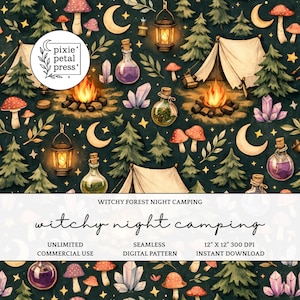 May include: Seamless digital pattern with a witchy forest night camping theme. The design features tents, campfires, mushrooms, crystals, lanterns, and potion bottles on a dark green background. The text reads "Witchy Night Camping". The pattern is 12" x 12".