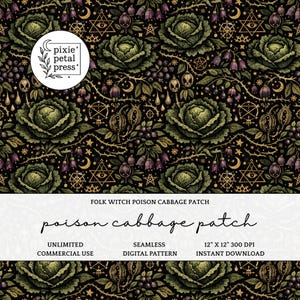 May include: A seamless digital pattern with green cabbages, purple flowers, and gold celestial symbols on a black backdrop. The text "Folk Witch Poison Cabbage Patch" and "poison cabbage patch" are also visible.