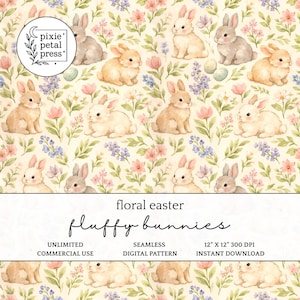 Könnte beinhalten: Ein digitales Muster mit flauschigen Hasen und floralen Elementen in Pastelltönen. Das Design zeigt Hasen in Braun- und Grautönen, umgeben von rosa, lila und grünen floralen Akzenten. Der Text lautet "floral easter fluffy bunnies".