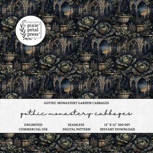 May include: Digital seamless pattern featuring a gothic monastery garden design with cabbages, arches, and foliage. The pattern includes the text "Gothic Monastery Garden Cabbages" and "gothic monastery cabbages". The design is 12 x 12 inches.