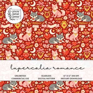 May include: Seamless digital pattern with a red background featuring cartoon wolves, hearts, flowers, and musical instruments. The text "lupercalia romance" is displayed in cursive. The pattern is 12" x 12" and suitable for commercial use.