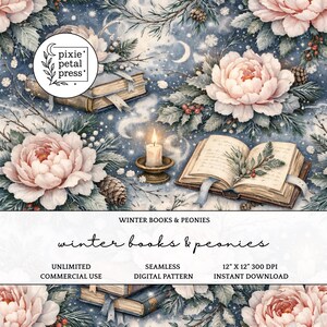 May include: A digital pattern featuring a winter theme with books, peonies, and a candle. The design includes open books with blue ribbons, pink peonies, pinecones, and a crescent moon on a blue background. The text reads "Winter Books & Peonies".