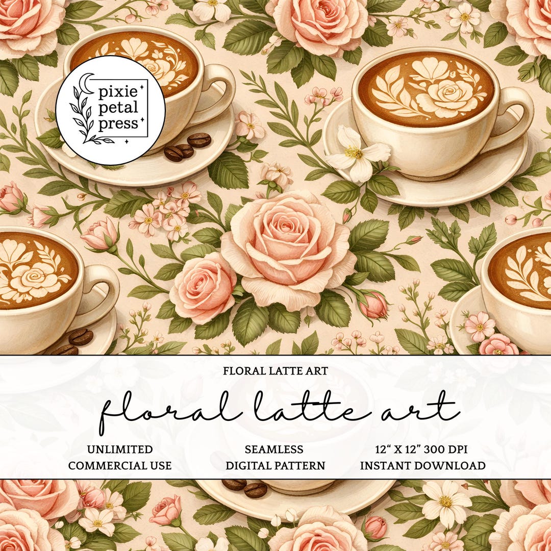 Floral Latte Art Seamless Pattern 300 DPI PNG Botanical Coffee Shop ...