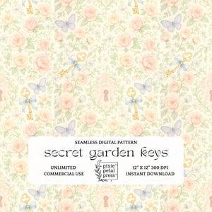 Könnte beinhalten: Ein nahtloses digitales Muster mit einem sich wiederholenden Design aus Rosen, Schlüsseln mit blauen Schleifen und Schmetterlingen auf cremefarbenem Hintergrund. Der Text "secret garden keys" wird in einem weißen Rechteck angezeigt. Das Muster ist 30,48 cm x 30,48 cm groß.
