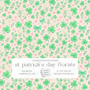 May include: A seamless digital pattern with green shamrocks, bows, and floral elements on a pale pink backdrop. The design incorporates small white flowers and pink hearts. Text reads "st patrick's day florals".