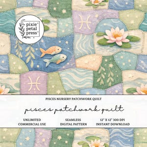 Op de afbeelding: Een digitaal patchwork quilt ontwerp met een Vissen thema. Het ontwerp bevat vissen, waterlelies en het Vissen symbool. Het kleurenpalet omvat blauw, groen en pasteltinten. De tekst luidt "Pisces Patchwork Quilt".