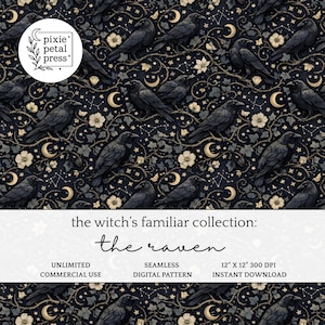 Könnte beinhalten: Nahtloses digitales Muster mit schwarzen Raben, Monden und floralen Elementen auf dunklem Hintergrund. Der Text lautet "the witch's familiar collection: the raven". Das Muster ist 30,48 cm x 30,48 cm groß und für den kommerziellen Gebrauch geeignet.