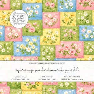 Spring Flowers Patchwork Quilt Seamless Pattern 300 DPI PNG Grandmillennial Cottagecore Pastel Botanical Art Digital Paper Fabric Design POD