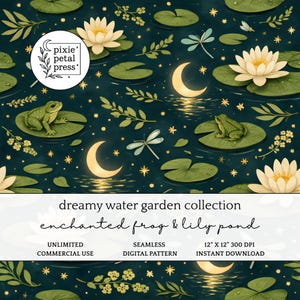 Puede incluir: Un patrón digital sin costuras que muestra un estanque oscuro con hojas de nenúfar verdes, nenúfares blancos, ranas verdes, libélulas y lunas crecientes amarillas con estrellas. El texto dice: dreamy water garden collection, enchanted frog & lily pond.