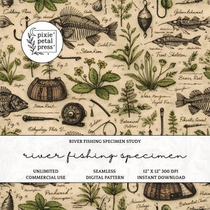 May include: A seamless digital pattern with botanical illustrations, fish skeletons, and fishing equipment. The design includes text elements such as "River Fishing Specimen Study" and "30.5 x 30.5 cm 300 DPI". The color palette is beige, green, and black.